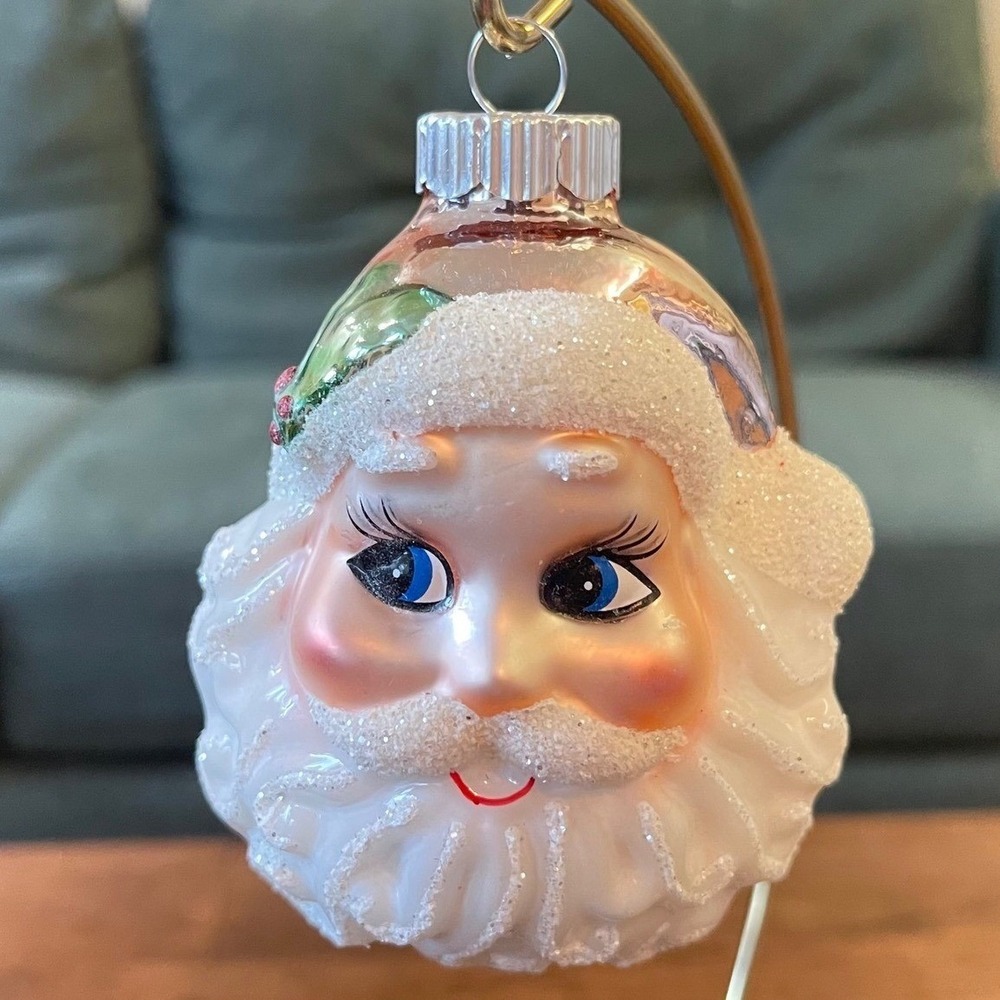 Radko Shiny Brite Glitter Santa face head tree‎ Ornament pink green MCM retro